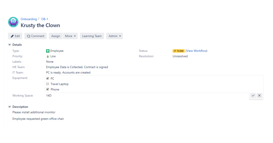 Jira issue showing the detail of onboarding a new employee.