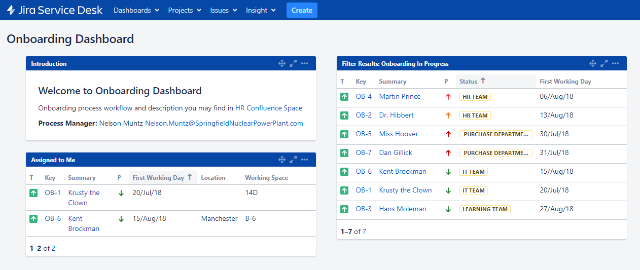 Jira dashboard for onboarding project. Shows tasks assigned to the currently logged in user and the list of overall tasks with current statuses.